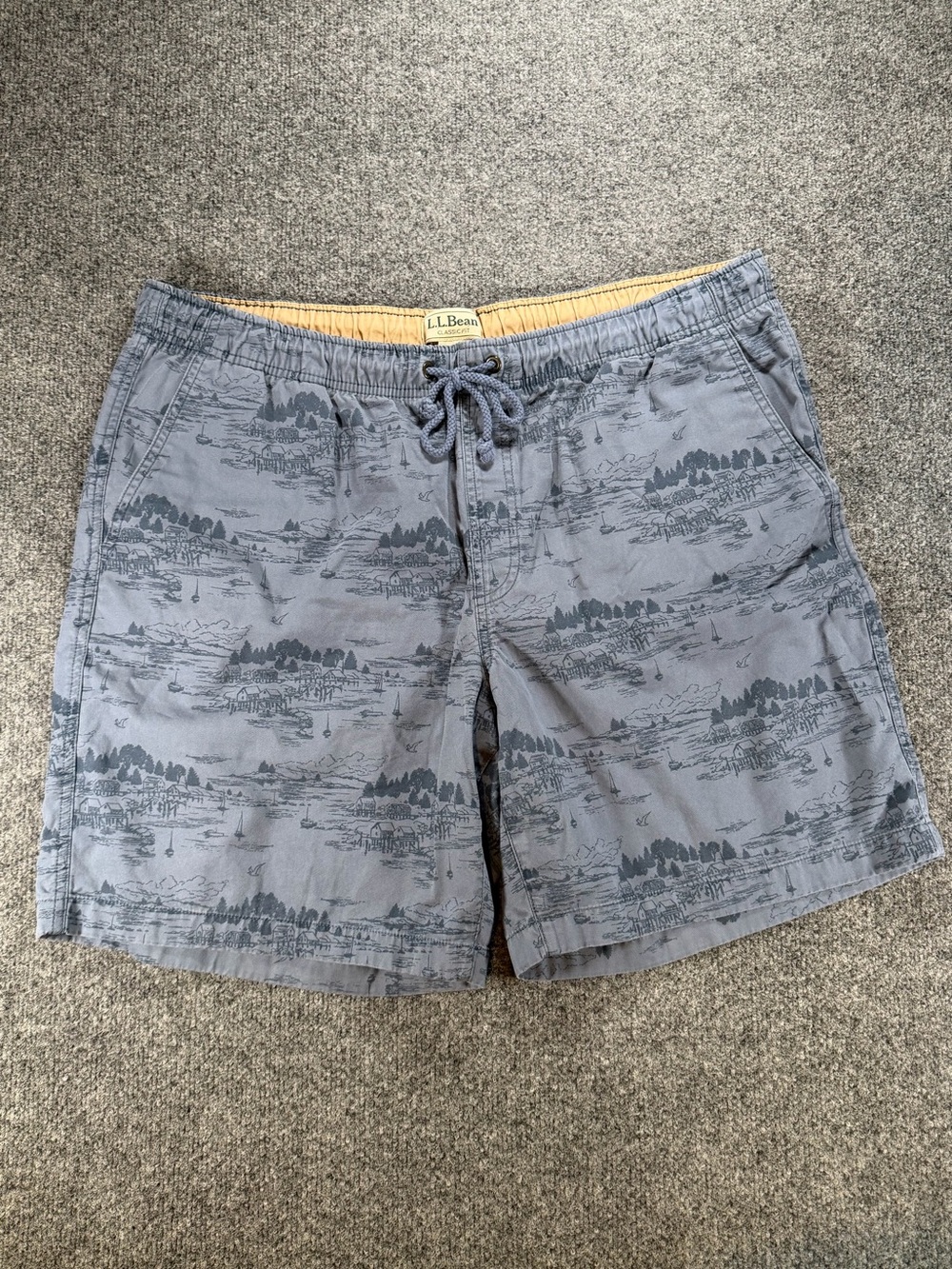 L.L. Bean Vintage Men’s Blue All Over Scenic Coastal Print Board Shorts XL Reg